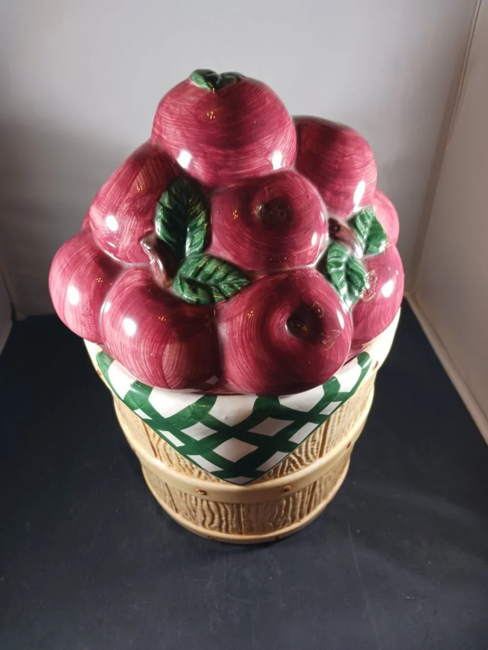 Vintage 10in Tall Ceramic Apple Basket Cookie Jar
